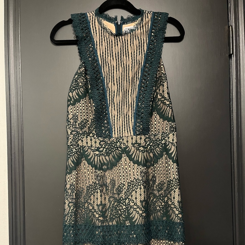 Like new - nude and dark green lace cocktail dress